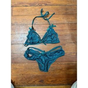 Avidlove Teal Green Lace Lingerie Set Small Strappy Halter Bra and Panty Set